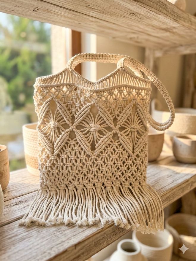 Axesoire Χειροποίητη Πλεκτή Τσάντα Με Λαστιχένια Επένδυση 30x30x15 Cm Μπεζ Χονδρικό εμπόριο ενδυμάτων 0