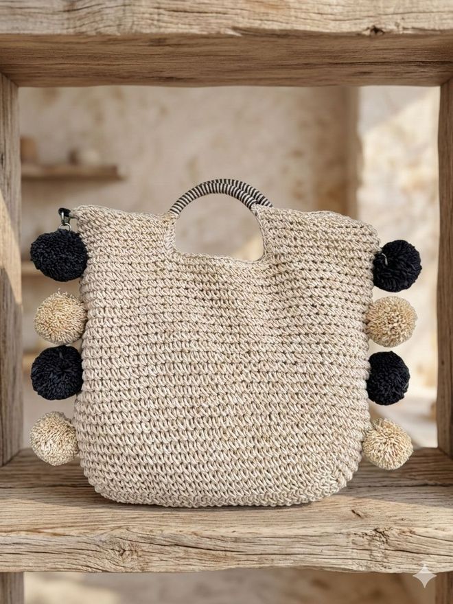 Axesoire Χειροποίητη Ψάθινη Τσάντα Με Φούντα Μπεζ Χονδρικό εμπόριο ενδυμάτων 0