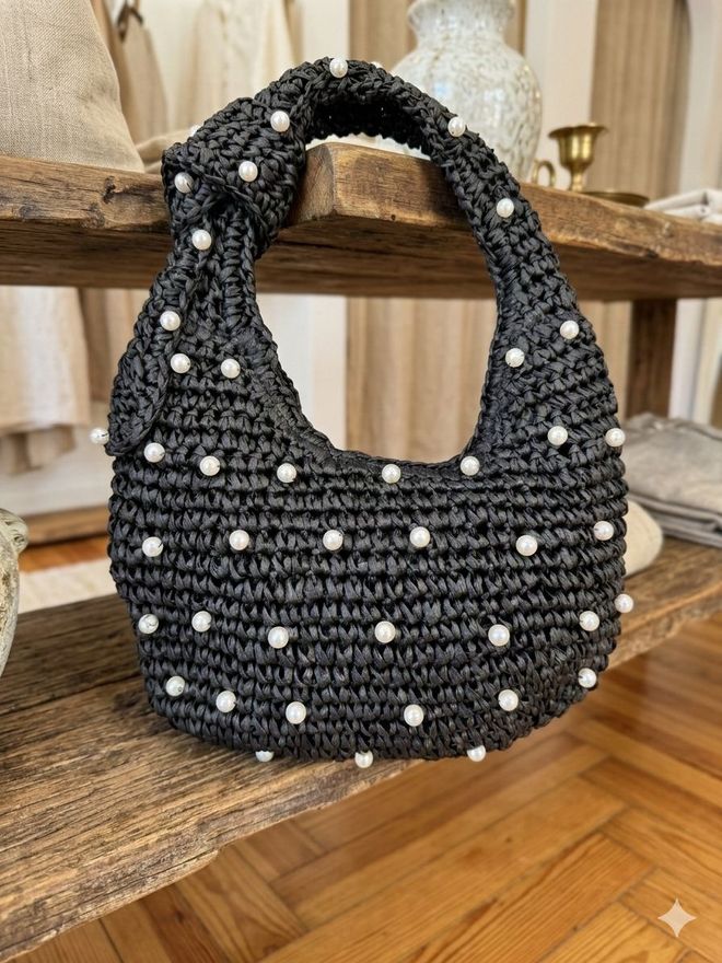 Axesoire Τσάντα Ψάθινο Μαργαριτάρι 43x30 Cm Μαύρο Χονδρικό εμπόριο ενδυμάτων 0