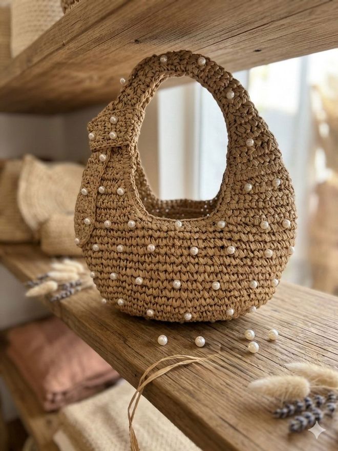 Axesoire Τσάντα Ψάθινης Μαργαριταριού 43x30 Εκ. Καμήλα Χονδρικό εμπόριο ενδυμάτων 0