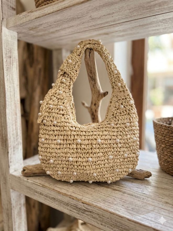 Axesoire Τσάντα Χειροποίητη Ψάθινη Πέτρα Με Μαργαριτάρι 43x30 Εκ. Χονδρικό εμπόριο ενδυμάτων 0