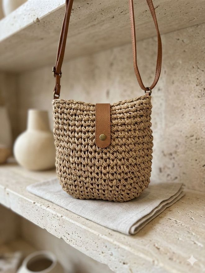 Axesoire Hand Knitted Straw Bag 24x23 Cm Camel Wholesale Clothing 1