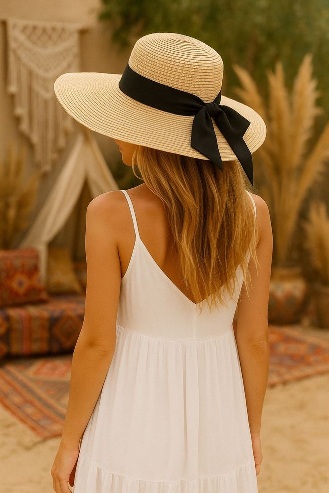 Axesoire Φαρδύ Ψάθινο Καπέλο Με Λεπτομέρεια Φιόγκο Μπεζ Χονδρικό εμπόριο ενδυμάτων 0