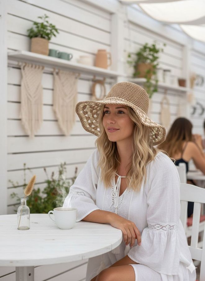 Axesoire قبعة بوهيمية بلون اللون البيج بنقشة خليط للحفلات الصيفية والشاطئ ملابس بالجملة غير رسمي