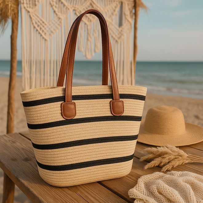 Axesoire Bolsa De Palha Preta Listrada Bege Roupas por atacado 1