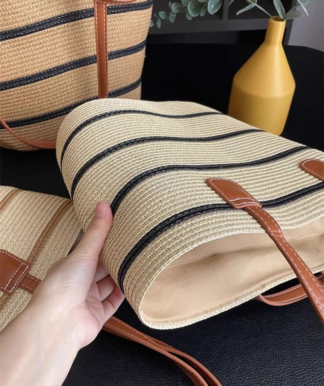 Axesoire Bolsa De Palha Preta Listrada Bege Roupas por atacado 3