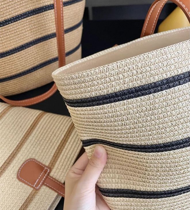 Axesoire Bolsa De Palha Preta Listrada Bege Roupas por atacado 4