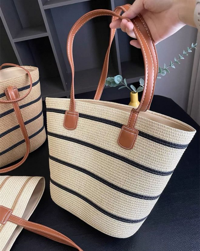 Axesoire Полосатая Черная Соломенная Сумка Бежевая Оптовая продажа одежды 0