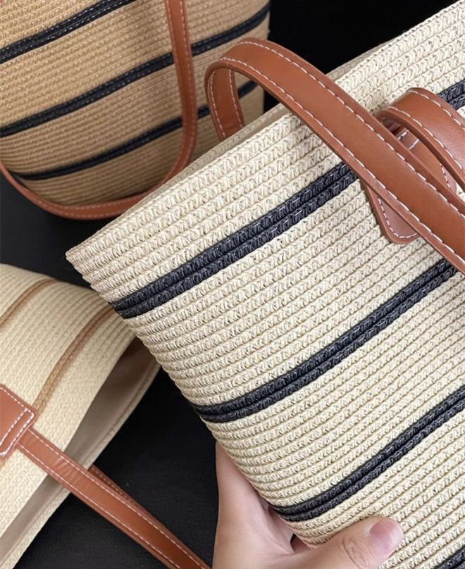 Axesoire Bolsa De Palha Preta Listrada Bege Roupas por atacado 2