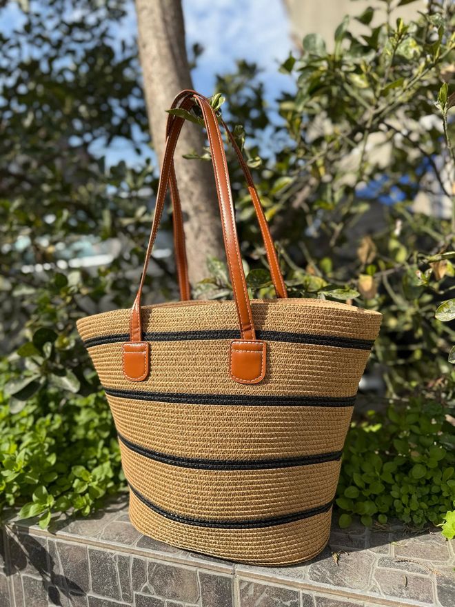 Axesoire Striped Camel Straw Bag Black Wholesale Clothing 2