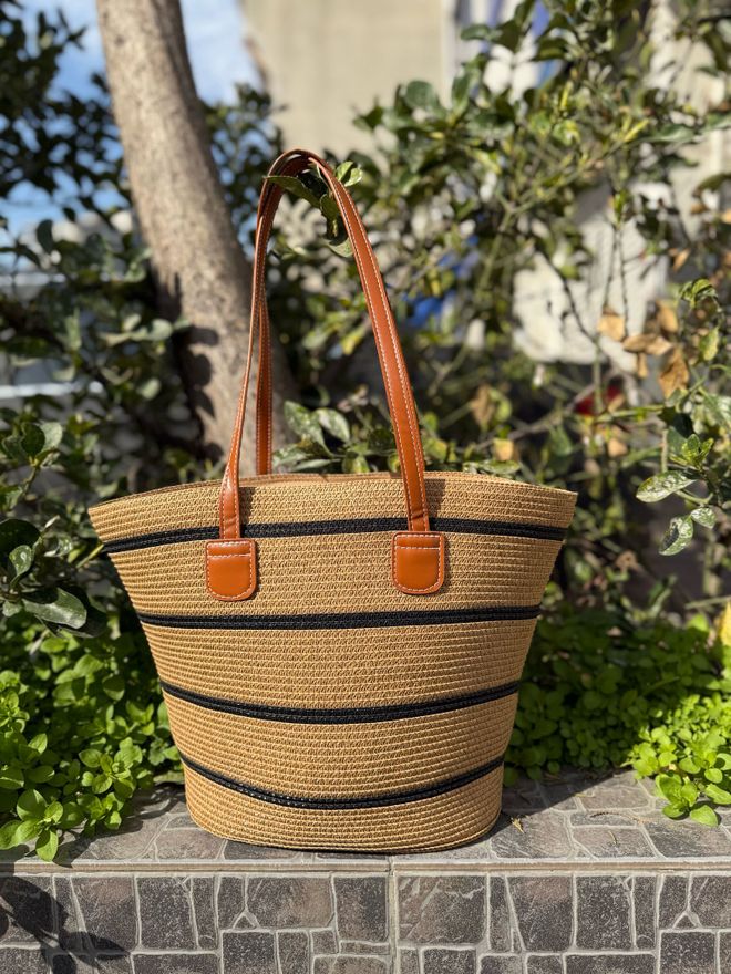 Axesoire Striped Camel Straw Bag Black Wholesale Clothing 1