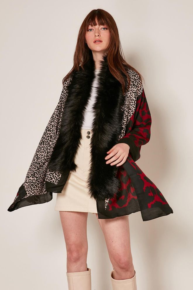 Axesoire Patchwork Poncho Mit Leopardenmuster – Weinrot Großhandelskleidung 0