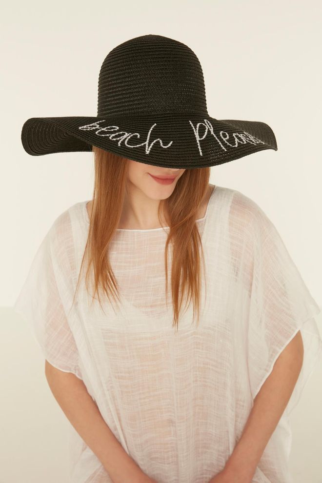 Axesoire Beach Please Written Straw Flared Hat Black Wholesale Clothing 0