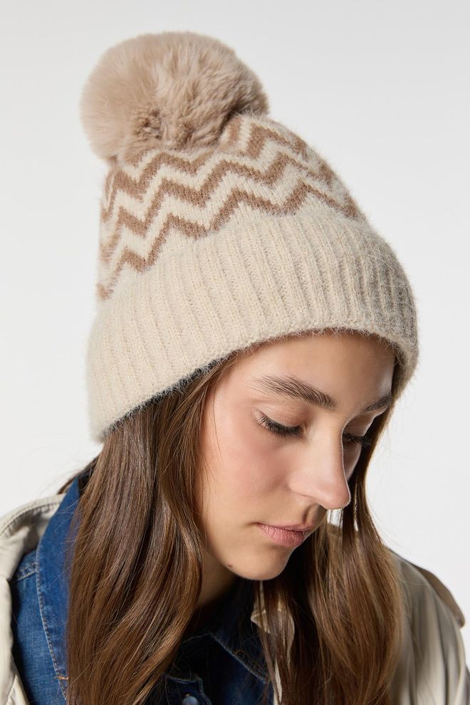 Axesoire Gestrickte Baskenmütze Mit Zickzackmuster Und Fleece Innenseite – Beige Großhandelskleidung 0