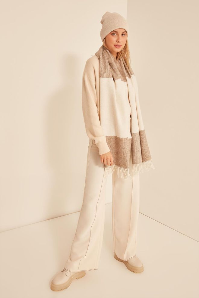 Axesoire Yumuşak Dokulu Balık Sırtı Desenli ekru Kalın Omuz Şal Atkı Bej Toptan Giyim 0