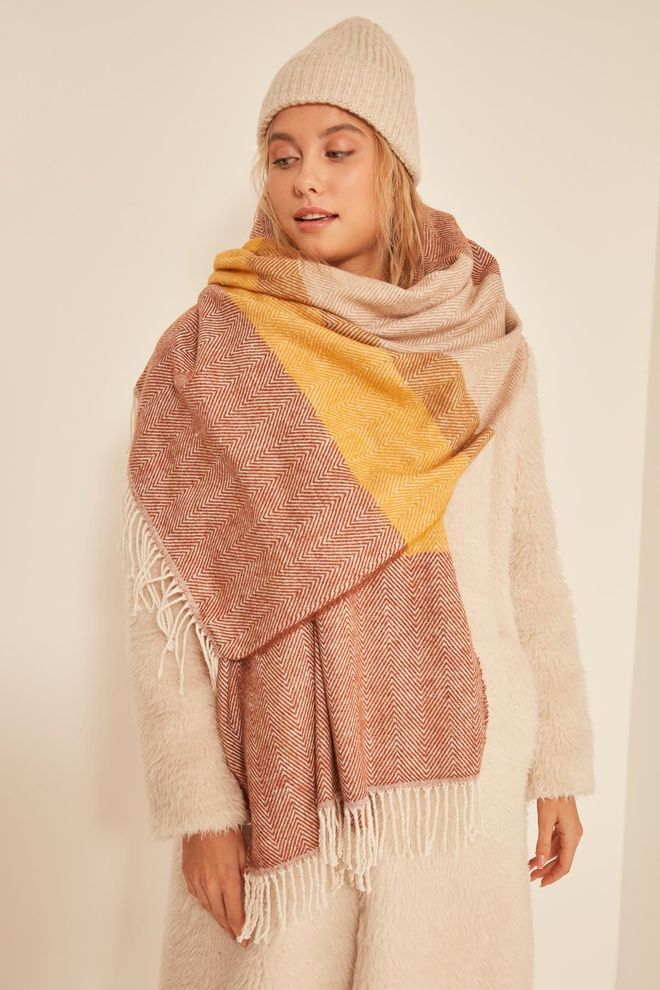 Axesoire Yumuşak Dokulu Balık Sırtı Desenli Kalın Omuz Şal Atkı Orange Toptan Giyim 0