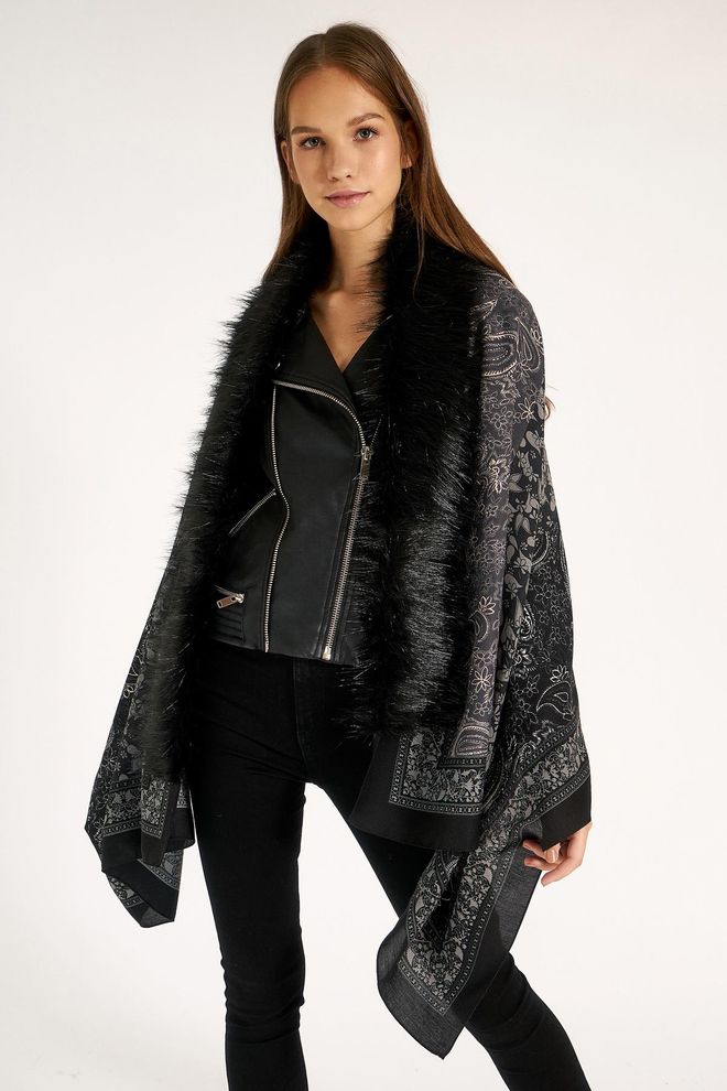 Axesoire Paisley Patterned Poncho Μαύρο Χονδρικό εμπόριο ενδυμάτων Casual