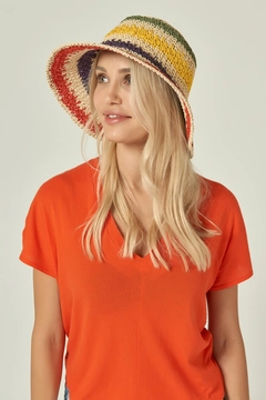 A wholesale clothing model wears axs10370-color-braided-straw-hat-ecru, Turkish wholesale Hat of Axesoire