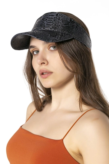 A wholesale clothing model wears  Snakeskin Patterned Colorful Open Top Visor Hat - Navy Blue
, Turkish wholesale Hat of Axesoire