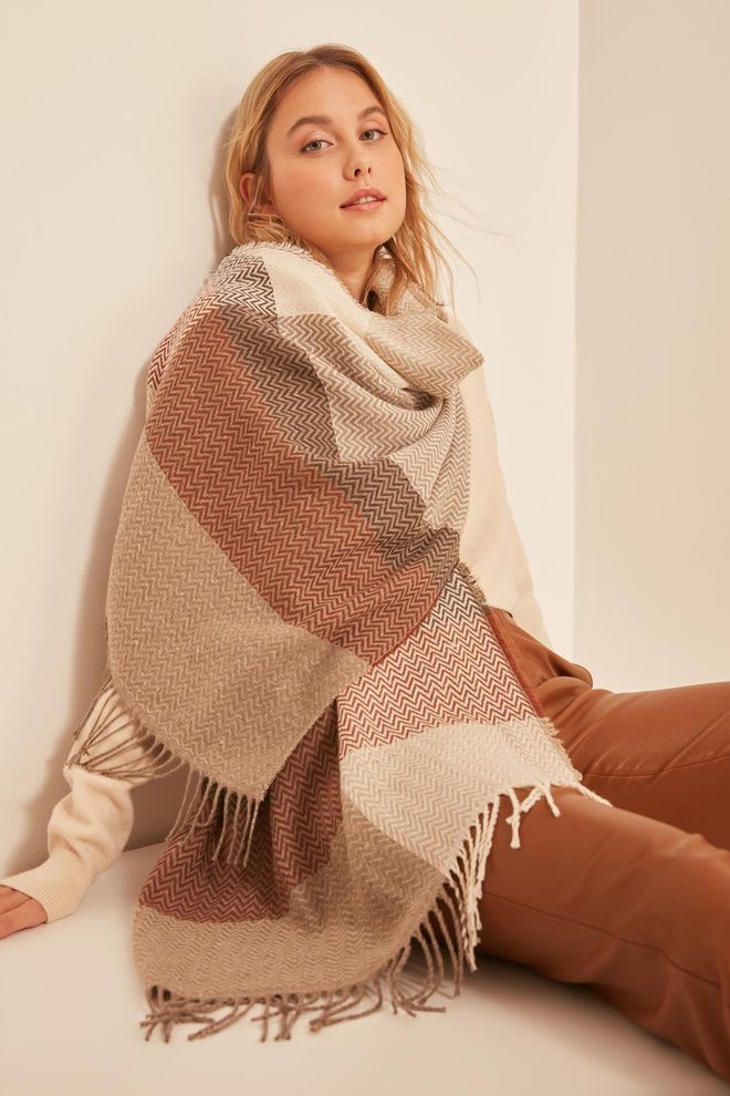 Axesoire Weicher Strukturierter Dicker Schulterschal Mit Fischgrätenmuster – Kamel Großhandelskleidung 0