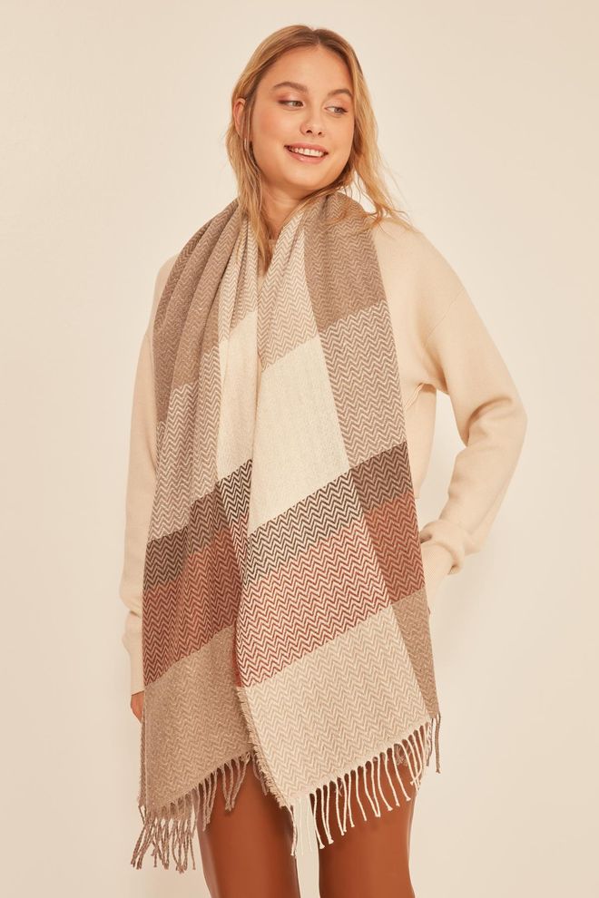 Axesoire Soft Textured Herringbone Patterned Thick Shoulder Shawl Scarf Camel Wholesale Clothing 1