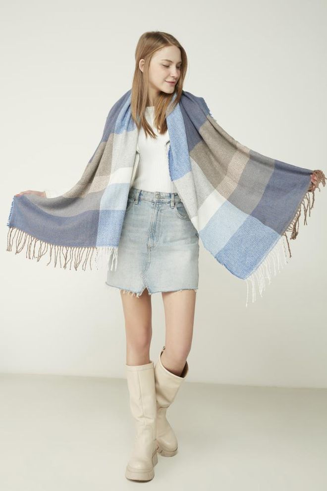 Axesoire Soft Textured Herringbone Pattern Sax Thick Shoulder Shawl Scarf Blue Wholesale Clothing 1