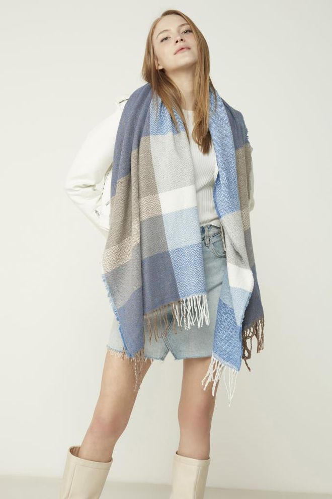 Axesoire Soft Textured Herringbone Pattern Sax Thick Shoulder Shawl Scarf Blue Wholesale Clothing 2