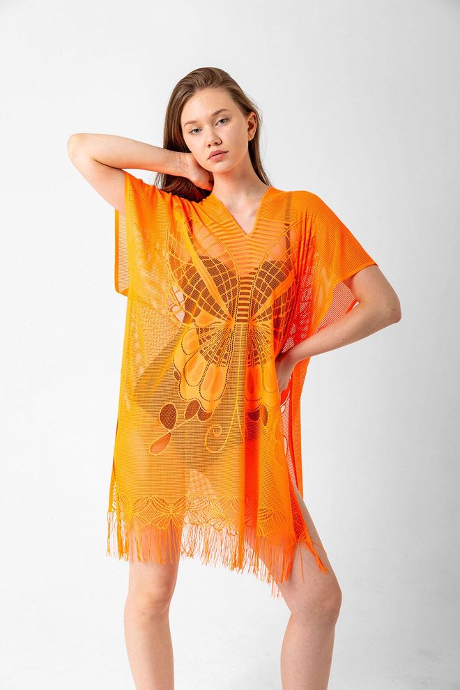 Axesoire Butterfly Patterned Mesh Pareo Orange Wholesale Clothing Casual