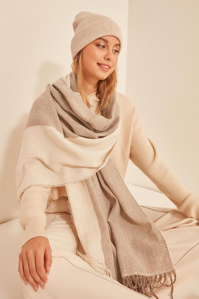 Axesoire Weiches Strukturiertes Fischgrätenmuster – Dicker Nerzschal – Ecru Großhandelskleidung 0