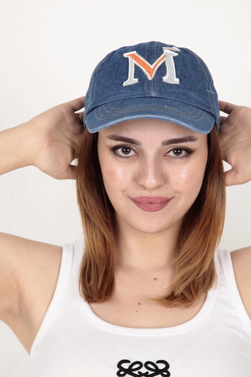 A wholesale clothing model wears  Orange M Letter Embroidered Denim Cap - Blue
, Turkish wholesale Hat of Axesoire