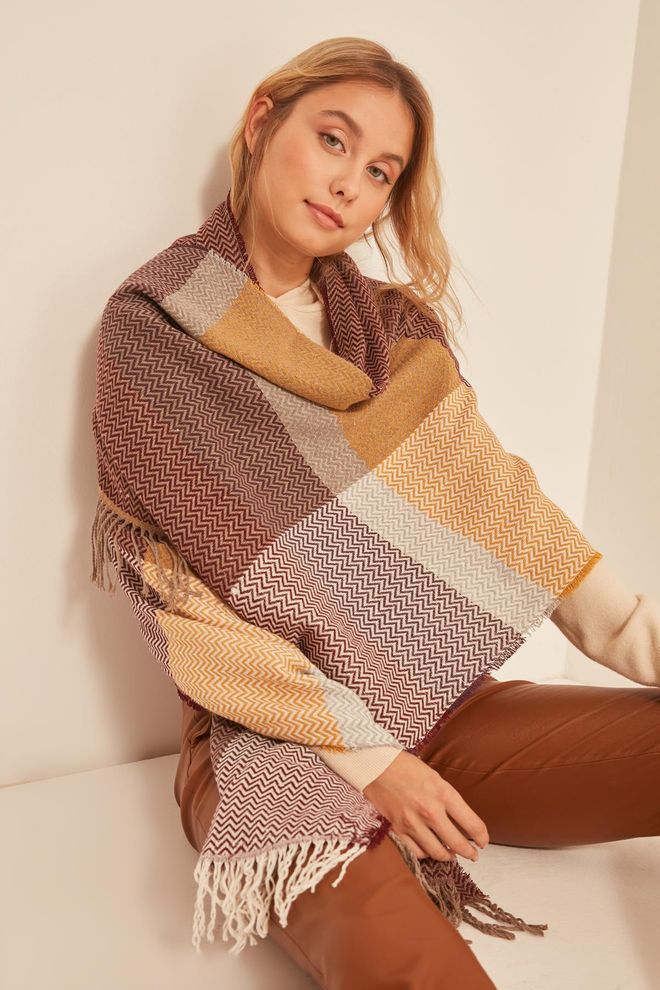 Axesoire Soft Textured Herringbone Patterned Thick Shoulder Shawl Scarf Claret Red Wholesale Clothing 1