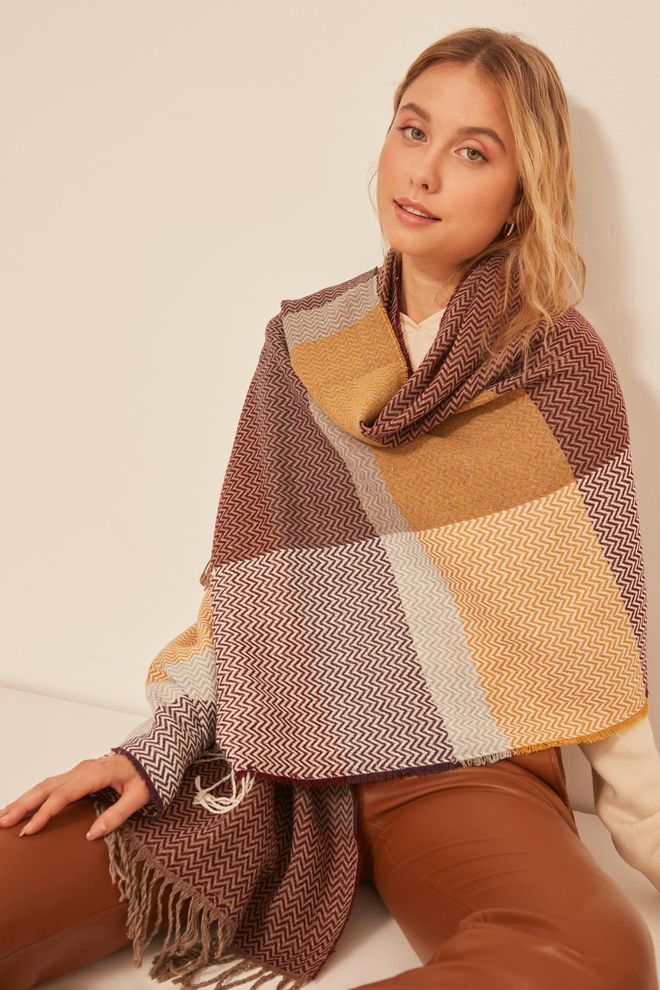 Axesoire Soft Textured Herringbone Patterned Thick Shoulder Shawl Scarf Claret Red Wholesale Clothing 2