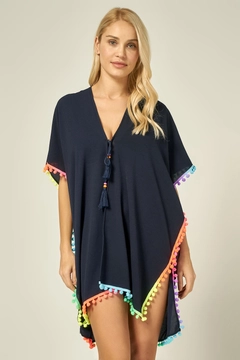 A wholesale clothing model wears axs10680-colorful-tassel-detailed-pareo-navy-blue, Turkish wholesale Pareo of Axesoire