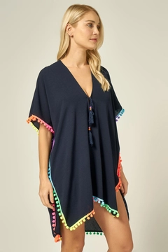 A wholesale clothing model wears axs10680-colorful-tassel-detailed-pareo-navy-blue, Turkish wholesale Pareo of Axesoire