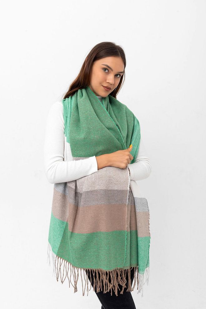 Axesoire Soft Textured Herringbone Patterned Benetton Thick Shoulder Shawl Scarf Green Wholesale Clothing 3