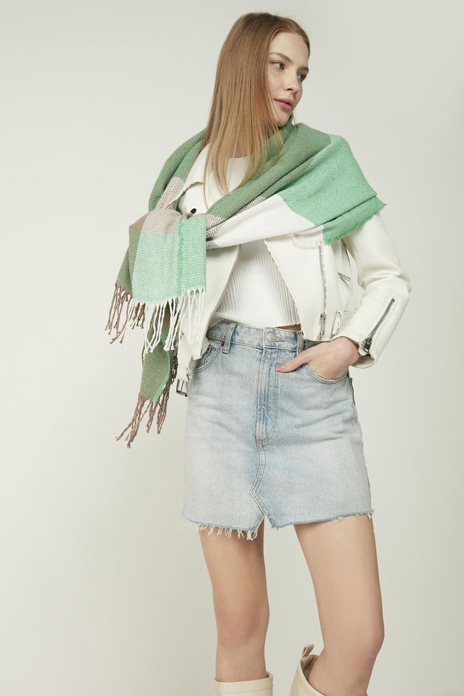 Axesoire Soft Textured Herringbone Patterned Benetton Thick Shoulder Shawl Scarf Green Wholesale Clothing 0