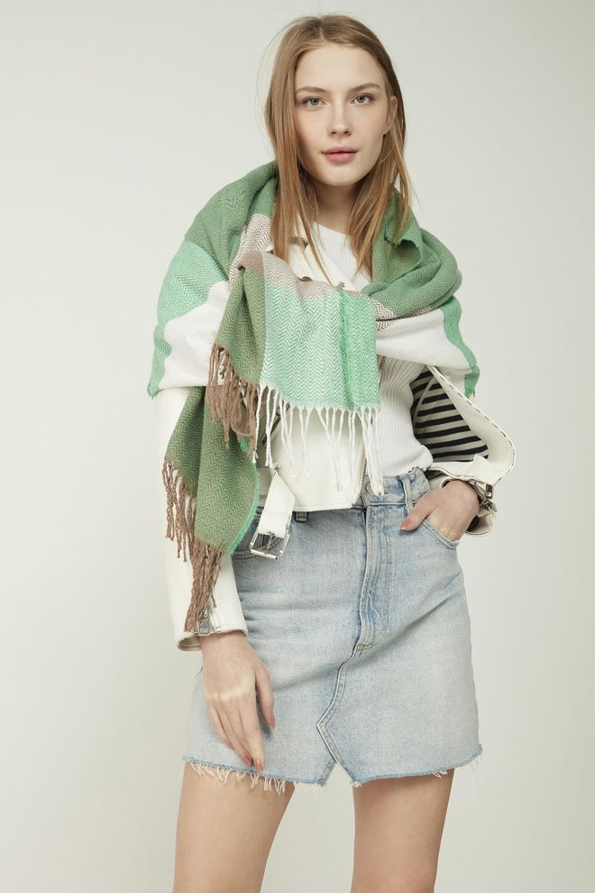 Axesoire Soft Textured Herringbone Patterned Benetton Thick Shoulder Shawl Scarf Green Wholesale Clothing 1