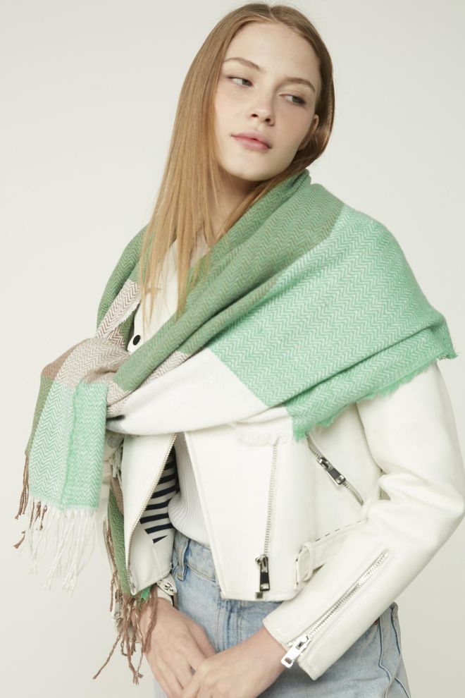 Axesoire Soft Textured Herringbone Patterned Benetton Thick Shoulder Shawl Scarf Green Wholesale Clothing 2