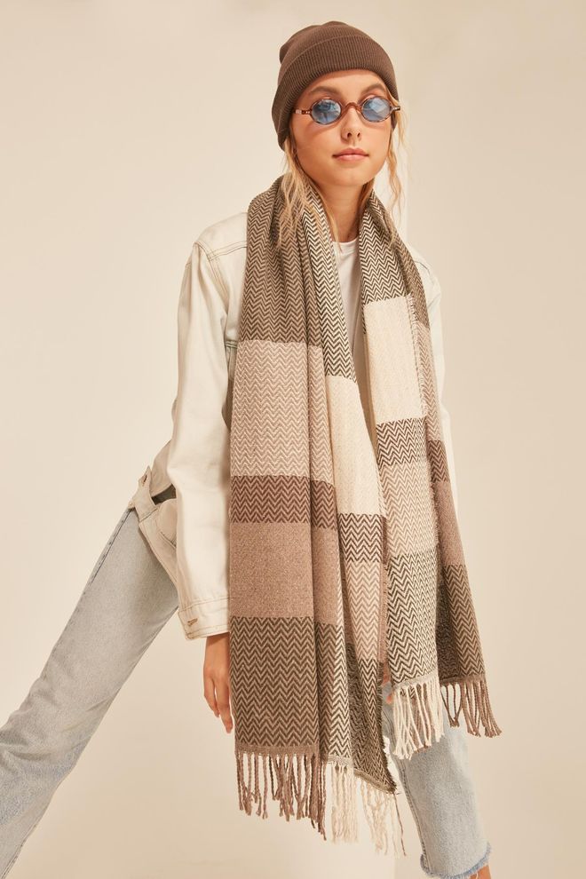 Axesoire Lenço xale de ombro grosso com padrão de espinha de peixe com textura macia Cáqui Roupas por atacado 0