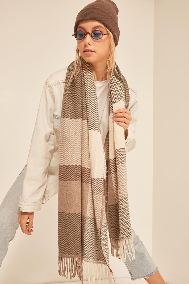 Axesoire Soft Textured Herringbone Patterned Thick Shoulder Shawl Scarf Khaki Wholesale Clothing 1