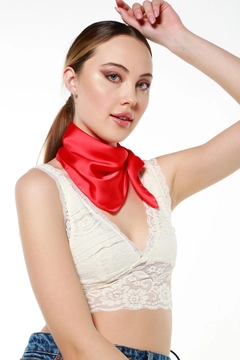 Bir model, Axesoire toptan giyim markasının axs10953-scarf-red toptan Atkı ürününü sergiliyor.