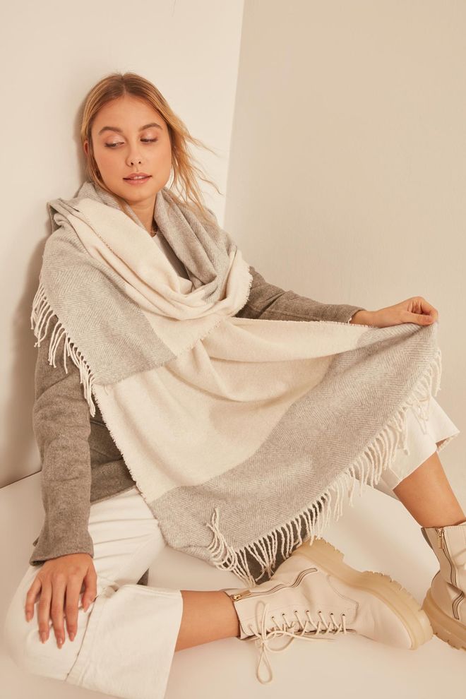 Axesoire Шал Са Меком Текстуром Рибље Кости Екру Дебели Шал Преко Рамена Сива Велепродаја одеће 0