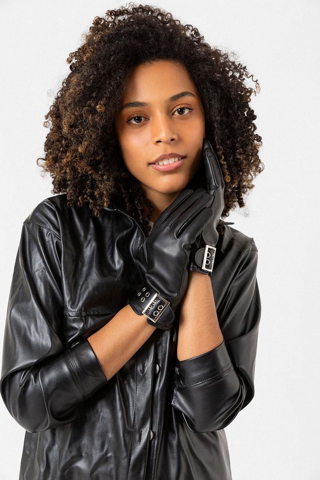 Axesoire Belt Detailed Leather Gloves Black Wholesale Clothing 0