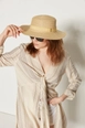 A wholesale clothing model wears axs11168-light-wide-straw-hat-beige, Turkish wholesale  of 