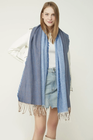 A wholesale clothing model wears  Soft Textured Herringbone Pattern Sax Thick Shoulder Shawl Scarf - Blue
, Turkish wholesale Shawl of Axesoire
