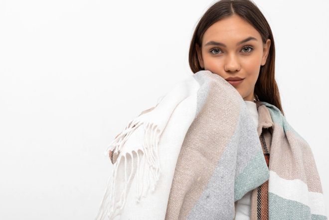 Axesoire Soft Textured Mixed Striped brown Thick Shoulder Shawl Scarf Mint Wholesale Clothing 3