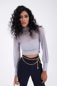 A wholesale clothing model wears bsl10471-balloon-sleeve-transparent-blouse-gray, Turkish wholesale Crop Top of BSL