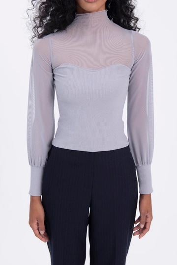 A wholesale clothing model wears  Balloon Sleeve Transparent Blouse - Gray
, Turkish wholesale  of BSL