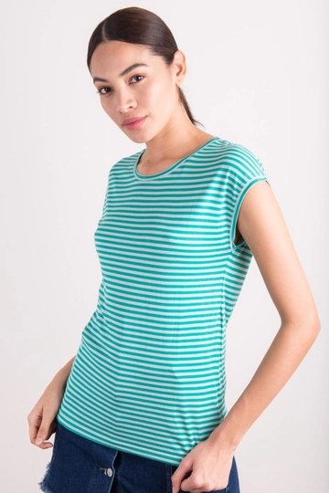 A wholesale clothing model wears  Striped Crew Neck T-shirt
, Turkish wholesale  of BSL