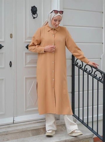 A wholesale clothing model wears  Classic Shirt Dress - Light Brown
, Turkish wholesale Dress of Berika Yıldırım